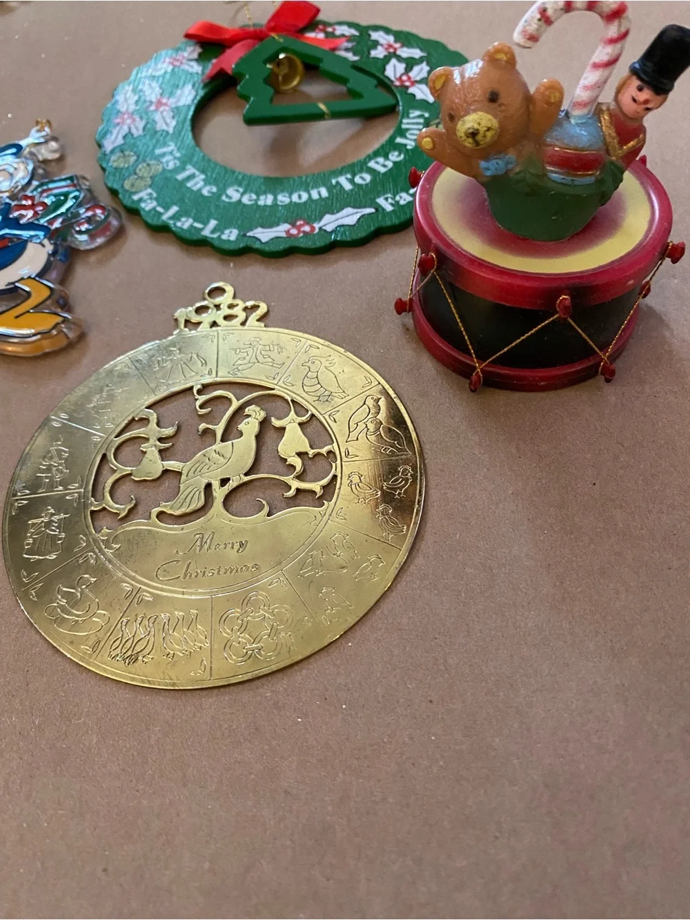 1980s Vintage Christmas Ornaments lot of 4, Donald Duck, Drum, 12 days, wreath